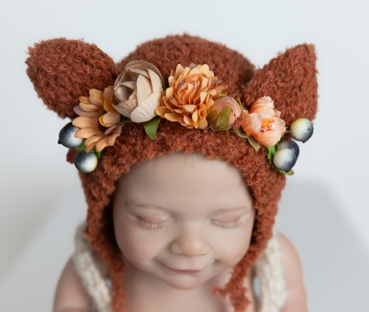 Kitty cat flower hat in rust color