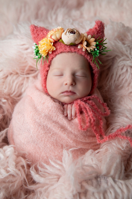 Kitty cat flower hat in bright pink